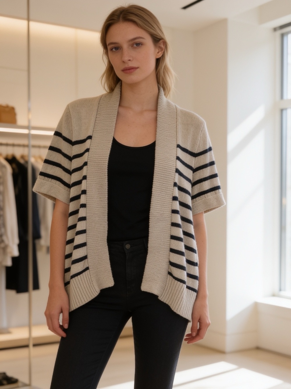 Rag & Bone Striped Cashmere Blend Open Cardigan Beige Black Short Sleeve M